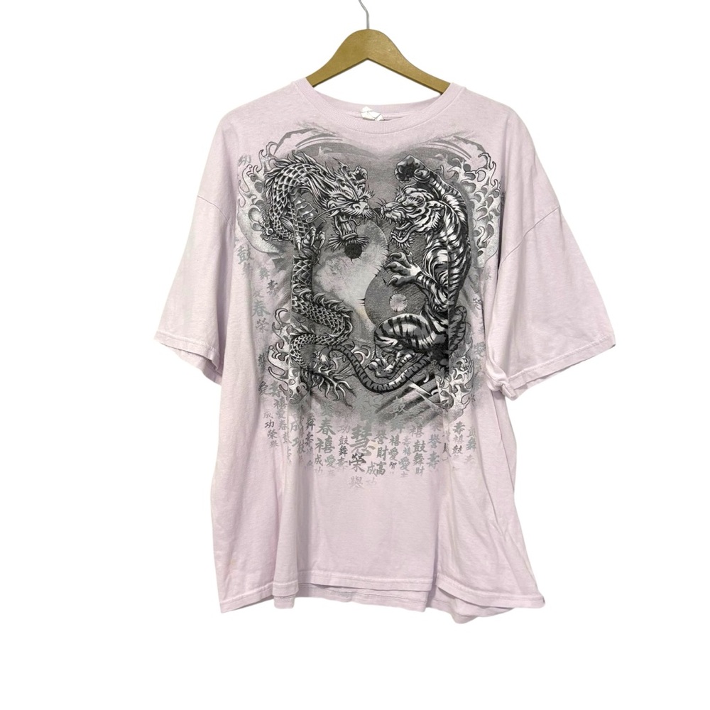 Vintage Y2K Men’s Pink Gray Dragon Tiger Chinese Graphic Print Tee Shirt Punk